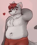 anthro belly biped bulge clothing fur grey_body grey_fur grey_tail hair hand_behind_head heart_symbol looking_at_viewer love_handles male muffin_top navel nipples realistic_anatomy red_clothing red_hair red_underwear seductive simple_background slightly_chubby slightly_chubby_anthro slightly_chubby_male solo tail underwear unnatural_colors spyz_(artist) rory_(spyz) canid canine mammal 2017 portrait shaded signature three-quarter_portrait