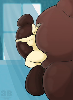 anthro belly big_belly big_breasts big_penis blue_eyes breasts curly_hair curved_penis duo erection female genitals grey_hair hair huge_belly huge_penis hyper hyper_genitalia hyper_penis imminent_vore larger_male male male/female penis size_difference slim smaller_female smothering squish straddling thick_thighs worried bigburrbailey angus_(bigburrbailey) piper_(bigburrbailey) bovid canid canine canis caprine mammal sheep wolf absurd_res hi_res trans_(lore) trans_woman_(lore)
