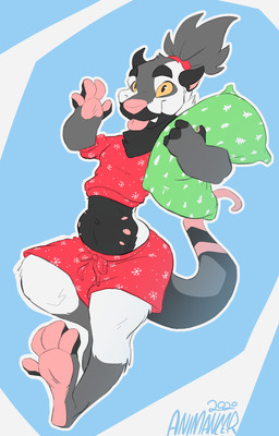 4_toes anthro barefoot clothed clothing feet food holidays male multi_nipple nipples pajamas pawpads paws pillow pink_pawpads soles solo soup toes animancer christmas american_opossum canid canine canis domestic_dog felid haplorhine lemur lion mammal marsupial monkey mustelid musteline otter pantherine primate stoat strepsirrhine true_musteline weasel hi_res