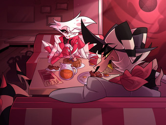 2_horns bacon beverage blueberry_(fruit) bow_tie clothing container cowboy_hat cup cutlery duo egg eyelashes femboy fingers food fork fruit gloves gold_(metal) gold_tooth hair handwear hat headgear headwear horn inside kerchief kitchen_utensils looking_at_another male meat menu multi_arm multi_limb pancake plant plate restaurant sharp_teeth sitting smile syrup teeth tools white_hair moonlight_croww hazbin_hotel hellaverse helluva_boss angel_dust striker_(helluva_boss) arachnid arthropod demon humanoid reptile scalie snake spider 2021 hi_res unavailable_at_source