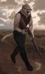 5_fingers anthro black_nose clothed clothing day detailed_background eyewear fingers glasses gun holding_gun holding_object holding_ranged_weapon holding_weapon lever_action lever_action_rifle male outside ranged_weapon red_eyes rifle sky solo weapon necroizu laskey canid canine canis domestic_dog hunting_dog irish_wolfhound mammal sighthound 2022 digital_media_(artwork) hi_res