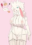 anthro areola biped blue_eyes blush breasts camel_toe female fur nipple_outline nipples one_eye_closed pink_background simple_background solo tongue tongue_out white_body white_fur buta99 vanilla_(buta99) bovid caprine goat mammal absurd_res hi_res