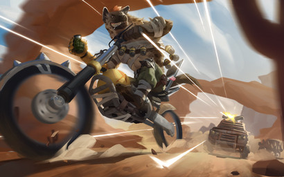 anthro car clothed clothing desert driving explosives fur grenade grin gun hair looking_back male motorcycle outside ranged_weapon shooting smile solo teeth vehicle weapon cody_soh cody_soh_(artist) mad_max hyena mammal spotted_hyena 16:10 2018 absurd_res digital_media_(artwork) hi_res widescreen