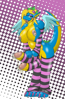2_penises anthro arm_warmers armwear blonde_hair blue_body bodily_fluids breasts butt claws clothing cock_warmer countershading cum dotted_background ear_piercing erection eyewear facial_piercing footwear frill_(anatomy) genital_fluids genital_piercing genitals glasses glistening green_eyes gynomorph hair hand_on_penis head_crest head_frill horn horn_jewelry horn_ring humanoid_genitalia humanoid_penis hyper intersex jewelry leg_warmers legwear lip_piercing looking_at_viewer membrane_(anatomy) membranous_frill multi_genitalia multi_penis nipple_piercing nipples non-mammal_breasts non-mammal_nipples pattern_armwear pattern_background pattern_clothing pattern_legwear penis penis_clothing penis_piercing piercing prince_albert_piercing ring_(jewelry) simple_background socks solo stockings striped_armwear striped_clothing striped_legwear stripes tail wide_hips wings yellow_body yellow_countershading khranok mythology berry_(character) dragon mythological_creature mythological_scalie scalie digital_media_(artwork) full-length_portrait hi_res portrait