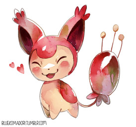 ambiguous_gender black_nose blush eyes_closed feral fur heart_symbol pink_body pink_fur simple_background solo standing tan_body tan_fur white_background bluekomadori nintendo pokemon generation_3_pokemon pokemon_(species) skitty 2015 signature