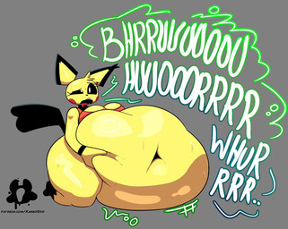 anthro belly big_belly breasts burp_cloud burping fatal_vore female grey_background simple_background solo thick_thighs vore kaiser_grr nintendo pokemon kelly_(kaiser_grr) generation_2_pokemon pichu pokemon_(species) absurd_res hi_res