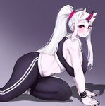 animal_ears big_breasts blush bra breasts clothed clothing female hair horn huge_breasts long_hair midriff not_furry pink_eyes side_boob solo sports_bra underwear white_hair oni_unicorn kantai_collection harbour_princess horned_humanoid humanoid shinkaisei-kan hi_res