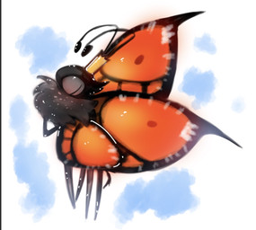 2_antennae 4_legs 4_wings ambiguous_gender antennae_(anatomy) black_antennae black_body crown eyespots flying head_tuft headgear insect_wings lepidopteran_wings markings multi_wing multicolored_wings orange_wings quadruped ruff side_view simple_background solo spread_wings tuft wings jc7uhuneuoq7bnv disney hoppers_(disney) pixar titus_(hoppers) arthropod butterfly insect lepidopteran taur 2026 digital_media_(artwork) hi_res shaded