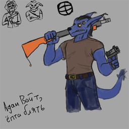 akimbo anthro black_hair blue_body blue_fur bottomwear clothing denim denim_bottomwear denim_clothing fictional_gun fur gun hair handgun jeans male mohawk pants pistol profanity ranged_weapon shirt shotgun simple_background solo t-shirt tail teeth text thick_tail topwear weapon yellow_eyes yellow_sclera adamwhite alien alien_humanoid anubian_jackal canid canine canis humanoid jackal mammal 1:1 2023 flat_colors hi_res russian_text sketch