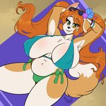 accessory anthro beach beach_towel belly big_breasts bikini breasts clothing curvy_figure eyewear eyewear_on_head female flower flower_in_hair fur green_eyes hair hair_accessory huge_breasts lying multicolored_body multicolored_fur nipple_outline on_back orange_hair pigtails plant seaside skimpy_bikini slightly_chubby slightly_chubby_female smile solo sunglasses sunglasses_on_head swimwear thick_thighs towel two-piece_swimsuit two_tone_body two_tone_fur voluptuous wide_hips phuufy uberquest kibbles_(uberquest) canid canine canis domestic_dog mammal shiba_inu spitz 1:1 2022 hi_res