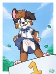anthro bottomwear clothed clothing clothing_lift cocky female no_underwear school_uniform skirt skirt_lift smile smirk solo uniform young coille conditional_dnp juno_clark australian_shepherd canid canine canis domestic_dog herding_dog mammal pastoral_dog sheepdog absurd_res hi_res