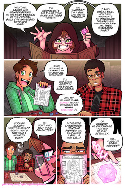 5_fingers basement beard beverage brown_hair character_sheet_(rpg) d20 dialogue dice dungeon_master dungeon_master_screen eyewear facial_hair female fingers furniture glasses green_eyes group hair holding_d20 human_only magic male not_furry pink_eyewear pink_glasses plaid smile speech_change table text thetransformistress dungeons_and_dragons hasbro wizards_of_the_coast human mammal 2025 2:3 absurd_res comic digital_media_(artwork) english_text hi_res