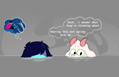 ambiguous_gender anthro bathing_together blue_hair duo eyewear fur glasses hair horn hot_spring male mostly_submerged text water white_body white_fur potato472734 deltarune undertale_(series) kris_dreemurr ralsei bovid caprine goat human mammal english_text