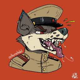 anthro bodily_fluids clothing ears_up fur grey_body grey_fur hat headgear headwear male nkvd open_mouth red_eyes russian saliva saliva_on_face saliva_on_tongue saliva_string solo soviet_union teeth teeth_showing tongue tongue_out uniform wearing_hat mawkvlt 1:1 hi_res