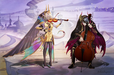 5_fingers black_cloak black_clothing black_mask bowed_string_instrument cello claws cloak clothing desert detailed_background duo eyes_closed fingers grey_hair hair holding_musical_instrument holding_object holding_violin humanoid_hands jewelry mask musical_instrument outside purple_body purple_scales purple_tail queen ring royalty sand scales string_instrument tail veil violin white_body white_hair white_skin whitedragonoid sdorica lazer_bernard queen_diana human lizard mammal reptile scalie 2021 hi_res signature