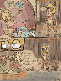 accident accidental_exposure anthro antlers autumn balls blonde_hair blue_eyes blush bodily_fluids breasts brown_body brown_fur brown_hair camera camping camping_tent canoe clothed clothing countershading creek dialogue drooling electronics embarrassed eyelashes female fern forest fur genital_fluids genitals group gynomorph hair hat headgear headwear hoodie hooves horn horrified humiliation intersex jacket male medium_hair medium_length_hair microphone multicolored_body multicolored_fur nature nature_background open_mouth orange_leaves panties panties_down partially_clothed peeing peeing_into_water peeing_outside penis photographer plant public_urination relieved river rock saliva shirt shocked sleep_bubble sleeping sleeping_bag slur small_breasts small_penis sound_effects tank_top tent_interior text topwear tree underwear underwear_down urine vehicle vowelless vowelless_sound_effect water watercraft watersports winter_hat yawn yellow_body yellow_fur zipper zzz lewdles mythology kello_(lewdles) kilo_(lewdles) canid canine deer dragon fox mammal mythological_creature mythological_scalie new_world_deer scalie white-tailed_deer absurd_res colored colored_sketch comic digital_media_(artwork) handwritten_text hi_res sketch nonbinary_(lore) trans_(lore)