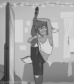 breasts camel_toe clothing crop_top deer_ears embarrassed female flexible hair mirror nipple_slip shirt short_hair slim small_breasts solo splits spread_legs spreading standing tail topwear yoga_shorts kahunakilolani brooke_(kahunakilolani) deer humanoid mammal monochrome
