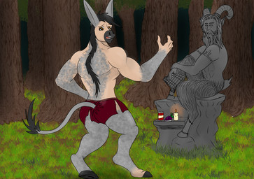 anthro art_challenge artist_hypnodonk blessing braying curse forced forced_transformation forest forest_background fur growth hee_haw hooves magic male mane offering_to_another pan plant sculpture snout snout_growth solo species_transformation standing statue tail transformation transformaytion transformaytion2026 tree asinus donkey donkey_satyr equid equine human mammal absurd_res hi_res
