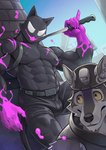 5_fingers abs anthro areola biped black_body black_fur bulge claws countershade_face countershade_fur countershading duo fingers fur male muscular muscular_male nipples pecs mumu202 epic_games fortnite meowscles phantom_meowscles wendell_(fortnite) canid canine canis felid feline mammal wolf