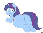 blue_body blue_fur blue_hair butt cutie_mark embarrassed femboy feral fur green_eyes hair horn male overweight purple_hair solo suggestive blitzyflair hasbro my_little_pony mythology careful_cuddles equid equine horse mammal mythological_creature mythological_equine pony unicorn absurd_res hi_res