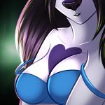 anthro black_hair black_nose blue_clothing blue_topwear bra breasts cleavage clothed clothing female fur hair smile solo topwear underwear white_body white_fur wolflady alestra domestic_cat felid feline felis mammal 1:1 digital_media_(artwork)