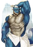 abs anthro barazoku bathroom bathroom_tiles big_biceps big_muscles big_pecs blue_body bodily_fluids facial_scar fingers hair hand_on_head huge_muscles humanoid_hands long_tail looking_at_viewer male manly multicolored_body muscular muscular_anthro muscular_arms muscular_male muscular_thighs obliques pecs scar serratus shirtless shirtless_male short_ears short_hair smile solo steam sweat tail thick_tail towel towel_around_waist towel_only vein veiny_arms veiny_muscles white_hair traver009 mythology dragon mythological_creature mythological_scalie scalie 2024 absurd_res digital_drawing_(artwork) digital_media_(artwork) hi_res