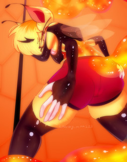 4_arms 5_fingers anthro bottomwear butt camel_toe clothing female fingers food fur genital_outline hair honey_(food) looking_back multi_arm multi_limb multicolored_body multicolored_fur multicolored_hair pole red_bottomwear red_clothing red_shorts shorts solo teeth text thick_thighs topwear vulva_outline wide_hips i_luv_my_mom228 hellaverse helluva_boss queen_bee-lzebub_(helluva_boss) arthropod canid canine demon fox hybrid insect mammal 2023 artist_name digital_media_(artwork) hi_res watermark