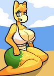 absurd_res anthro beach big_breasts bikini breasts camelid cleavage clothed clothing digital_media_(artwork) female fur generation_3_pokemon hair hi_res kiss_the_carrot looking_at_viewer mammal napalm_(litmus2) nintendo numel open_mouth pokemon pokemon_(species) seaside shaded simple_background smile solo swimwear thick_thighs tongue yellow_body yellow_fur