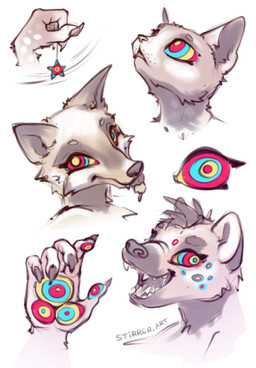 anthro blep claws group hypnosis hypnotic_eyes jewelry looking_at_viewer mind_control open_mouth pendant ringed_eyes tongue tongue_out stirren canid canine domestic_cat felid feline felis fox hyena mammal hi_res portrait