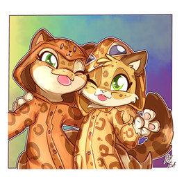 ambiguous_gender anthro biped clothed clothing countershade_torso countershading duo front_view gesture green_eyes hand_gesture hand_on_shoulder kigurumi leopard_spots looking_at_viewer markings multicolored_body one_eye_closed onesie pawpads pink_nose simple_background smile spots spotted_body standing tan_body tongue tongue_out two_tone_body v_sign white_body yellow_eyes young young_anthro fuf eublepharid felid gecko leopard leopard_gecko lizard mammal pantherine reptile scalie 2023 hi_res