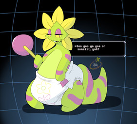 ambiguous_gender anthro baby_talk blonde_mane buckteeth clean_diaper clothed clothing dialogue diaper diaper_only eyelashes featureless_feet featureless_hands feet green_body green_tail holding_rattle logo mane markings multicolored_body open_mouth open_smile pink_eyelids purple_body purple_markings purple_tail rattle simple_background smile solo standing tail teeth text_box three-quarter_view topless two_tone_tail wearing_diaper white_diaper yellow_sclera maynara deltarune undertale_(series) darkner floradinn 2026 absurd_res artist_logo full-length_portrait hi_res portrait