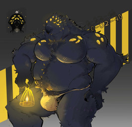 anthro beak black_body black_fur body_hair bulge chest_hair clothed clothing fur holding_lantern holding_object lamp lantern looking_at_viewer male multi_eye overweight overweight_male pecs solo thong thong_only topless underwear underwear_only yellow_sclera tarusaki lobotomy_corporation project_moon big_bird_(lobotomy_corporation) abnormality_(project_moon) avian bird absurd_res hi_res
