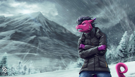 anthro bared_teeth black_clothing black_hair black_jacket black_topwear blue_bottomwear blue_clothing blue_pants blue_sclera bottomwear clothed clothing ears_back front_view fur hair jacket logo male male_anthro mountain pants pink_body pink_eyes pink_fur pink_tail pivoted_ears plant short_hair snow snowing solo standing storm tail teeth text topwear tree cereus93 mythology dragon furred_dragon furred_scalie mythological_creature mythological_scalie scalie artist_logo artist_name hi_res portrait three-quarter_portrait