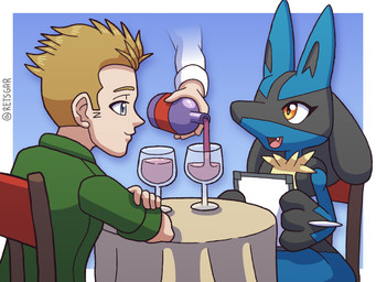 alcohol ambiguous_gender anthro beverage black_body black_fur blonde_hair blue_body blue_eyes blue_fur chair clothing container cup drinking_glass duo_focus fair_skin fur furniture glass glass_container glass_cup green_clothing green_shirt green_topwear group hair male male_human orange_eyes shirt table tablecloth tan_body tan_fur topwear trio wine wine_glass retsgar nintendo pokemon matt's_lucario_(retsgar) matt_(retsgar) generation_4_pokemon human lucario mammal pokemon_(species) 4:3 female_(lore)