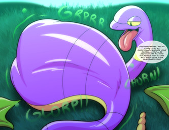 abdominal_bulge belly big_belly clothing dialogue digestion digestion_noises feral grass grass_field green_clothing green_kerchief green_panties green_underwear kerchief looking_at_belly male motion_lines onomatopoeia oral_vore panties panties_on_floor plant rumbling_stomach solo sound_effects text tongue tongue_out underwear vore tepigfan101 nintendo pokemon ekans generation_1_pokemon pokemon_(species) reptile scalie snake 2025 absurd_res digital_media_(artwork) english_text hi_res