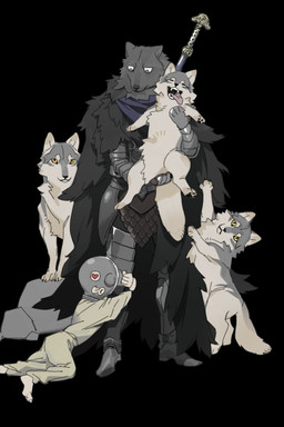 anthro armor black_background black_body black_fur breastplate cape clothing feral fur gauntlets gloves greaves grey_body grey_fur group handwear headgear heart_eyes heart_symbol helmet kissy_face leg_hug male multicolored_body multicolored_fur sabatons simple_background two_tone_body two_tone_fur weapon white_body white_fur yellow_eyes yoshi.kaoru elden_ring fromsoftware blaidd_(elden_ring) canid canine canis human mammal wolf