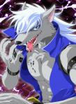 abs anthro black_nose blue_eyes cheek_tuft chest_tuft claws clothed clothing facial_tuft fangs fur grey_body grey_fur hair long_hair male muscular muscular_anthro muscular_male nipples open_mouth pecs solo teeth tongue tongue_out tuft white_hair dragoooon1223 pretty_cure smile_pretty_cure wolfrun canid canine canis mammal wolf 2012 hi_res