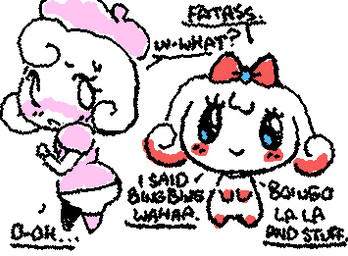 ambiguous_gender big_eyes biped black_eyes black_text blush bodily_fluids bow_(feature) bow_ribbon chibi clothed clothed_ambiguous clothed_humanoid clothing dialogue dress duo ellipsis empty_eyes eyelashes featureless_feet featureless_hands feet footwear glistening glistening_eyes gloves_(marking) hat headgear headwear highlights_(coloring) insult leg_markings looking_at_another looking_at_viewer looking_back looking_back_at_another markings nervous nervous_sweat noseless not_furry oblivious partial_speech_bubble pink_blush pink_clothing pink_dress pink_footwear pink_hat pink_headwear pseudo_hair question_mark red_blush red_highlights red_ribbon side_butt simple_background simple_eyes socks_(marking) speech_bubble squigglevision standing stuttering sweat talking_to_another text white_background ligma_(artist) tamagotchi humanoid milktchi pianitchi tamagotchi_(species) 2025 animated digital_media_(artwork) english_text flat_colors low_res wigglypaint_(artwork) female_(lore)