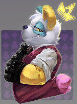 ace_of_spades adjusting_tie anthro black_clothing black_gloves black_handwear black_nose clothing crown diamond_(marking) fangs fur gloves half-closed_eyes handwear headgear light male markings multicolored_body multicolored_fur narrowed_eyes pupils shadow shirt slit_pupils smile smiling_at_viewer solo teeth topwear vest white_clothing white_shirt white_topwear yellow_eyes gearwurk gambit_(gearwurk) bear giant_panda mammal colored digital_media_(artwork) digital_painting_(artwork) half-length_portrait hi_res lighting painting_(artwork) portrait shaded