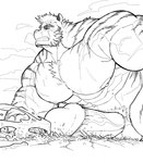 anthro big_muscles big_penis city cracked_ground destruction ejaculation genitals huge_muscles huge_penis macro male muscular penis sky solo thrusting vein veiny_muscles veiny_penis darkai arknights hypergryph studio_montagne mountain_(arknights) hi_res