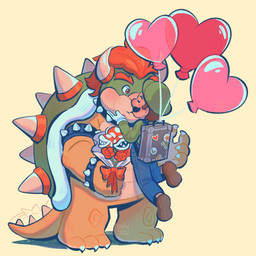 2_horns 3_toes ambiguous_gender anthro armband backpack balloon bent_leg black_eyebrows black_facial_hair black_mustache blue_clothing blue_overalls blush blush_lines bouquet bracelet brown_clothing brown_footwear brown_shoes claws clothed clothed_human clothed_male clothing collar curved_horn eyebrows eyeless eyes_closed facial_hair featureless_crotch feet floating flower footwear fully_clothed fully_clothed_human fully_clothed_male gloves green_clothing green_hat green_head green_headwear green_shell green_shirt green_topwear group hair hand_on_face handwear hat headgear headwear heart_balloon heart_symbol holding_bouquet holding_flower holding_object holidays horn inflatable interspecies jewelry king kiss_on_lips kissing larger_anthro light looking_at_another looking_at_partner love male male/male male_anthro male_human motion_lines multicolored_body multicolored_scales mustache orange_eyebrows orange_hair overalls plant pockets red_bow red_eyes romantic romantic_couple royalty scales sharp_teeth shell shirt shoes short_hair simple_background size_difference smaller_ambiguous smaller_human spiked_armband spiked_bracelet spiked_collar spiked_tail spikes spikes_(anatomy) standing sticker stickers_on_object tail tail_motion tailwag tan_body tan_scales tan_spikes teeth text thick_eyebrows toe_claws toes topwear trio white_claws white_clothing white_gloves white_handwear yellow_background didy414 mario_bros nintendo super_mario_odyssey valentine's_day bowser luigi elemental_creature flora_fauna human koopa mammal piranha_plant scalie 1:1 2025 artist_name colored digital_drawing_(artwork) digital_media_(artwork) hi_res lighting shaded