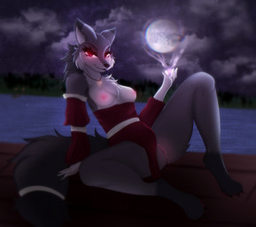 anthro anus breasts chest_tuft clothing collar female fur genitals grey_body grey_fur lake leg_markings looking_at_viewer markings mole_(marking) moon night nipples red_eyes sitting socks_(marking) solo spread_legs spreading tuft vulva water astralia canid canine mammal hi_res