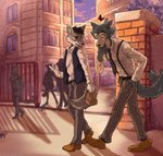 anthro clothing duo happy male necktie plantigrade school slice_of_life smile suspenders tall walking spiritd beastars legoshi_(beastars) lone canid canine canis mammal wolf hi_res