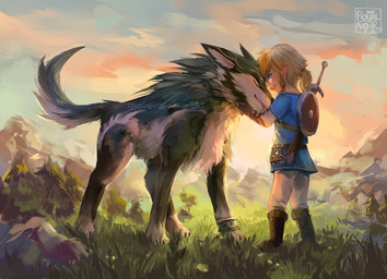 blonde_hair blue_eyes boots clothing detailed_background digitigrade duo feral footwear fur grass hair humanoid_pointy_ears male melee_weapon plant pointy_ears quadruped rock shield shoes square_crossover sword tail weapon royalnoir breath_of_the_wild nintendo the_legend_of_zelda link link_(wolf_form) canid canine canis humanoid hylian mammal wolf signature