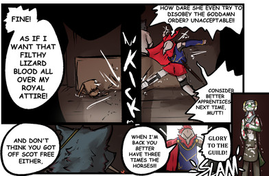ambiguous_gender anthro clothed clothing dialogue female fur group horn knife knight speech_bubble tail text warrior brradett lernie_(brradett) canid canine humanoid mammal scalie absurd_res colored comic digital_media_(artwork) english_text hi_res
