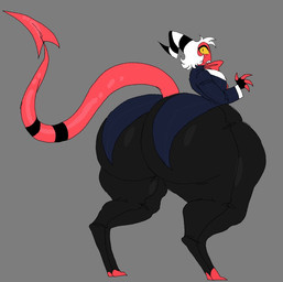 big_butt black_bottomwear black_clothing black_gloves black_handwear black_pants black_stripes blue_clothing blue_suit bottomwear bow_tie butt clothing fingerless_gloves gloves grey_background hair handwear horn looking_back male not_furry pants rear_view red_body red_bow_tie red_skin simple_background solo spade_tail striped_horn stripes suit tail thick_thighs white_hair yellow_eyes heavensthroat hellaverse helluva_boss moxxie_(helluva_boss) imp 2024