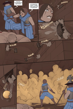 armor bald blood bodily_fluids breastplate corpse death dialogue dialogue_box facial_hair gas group hair human_only inside light_body light_skin male melee_weapon mustache not_furry polearm speech_bubble text trio weapon arbuzbudesh human mammal 2025 2:3 colored comic english_text hi_res url