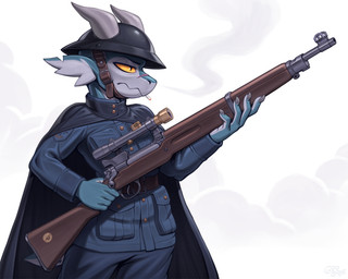 anthro armor belt blue_body cape cigarette clothing gun headgear helmet horn male military_uniform ranged_weapon rifle scar scope solo uniform weapon goobone lee-enfield kobold scalie 2026 5:4 hi_res