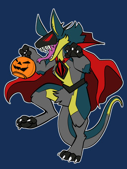 anthro claws clothing costume fangs fluffy fur green_body green_fur grey_body grey_fur holidays male paws pumpkin_basket red_eyes screen screen_face solo tail teeth tongue tongue_out vampire_costume yellow_body yellow_fur rtf-m halloween brom_(sahurus) mantled_beast vampire 3:4 alpha_channel hi_res