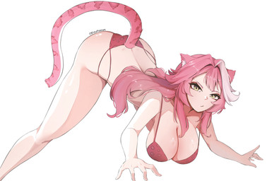 bent_over big_breasts bra breasts butt clothed clothing female glistening glistening_breasts glistening_butt glistening_hair glistening_thighs hair highlights_(coloring) inner_ear_fluff long_hair mostly_nude panties pink_ears pink_hair red_bra red_clothing red_panties red_underwear simple_background text thick_thighs tuft underwear underwear_only white_background white_highlights white_inner_ear_fluff yellow_eyes eizuremon hololive hololive_en vtuber raora_panthera animal_humanoid felid felid_humanoid humanoid mammal mammal_humanoid pantherine pantherine_humanoid artist_name hi_res